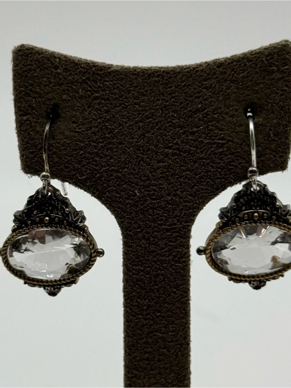 Crystal glass Drop Dangle Earrings in Clear and Antique Silver